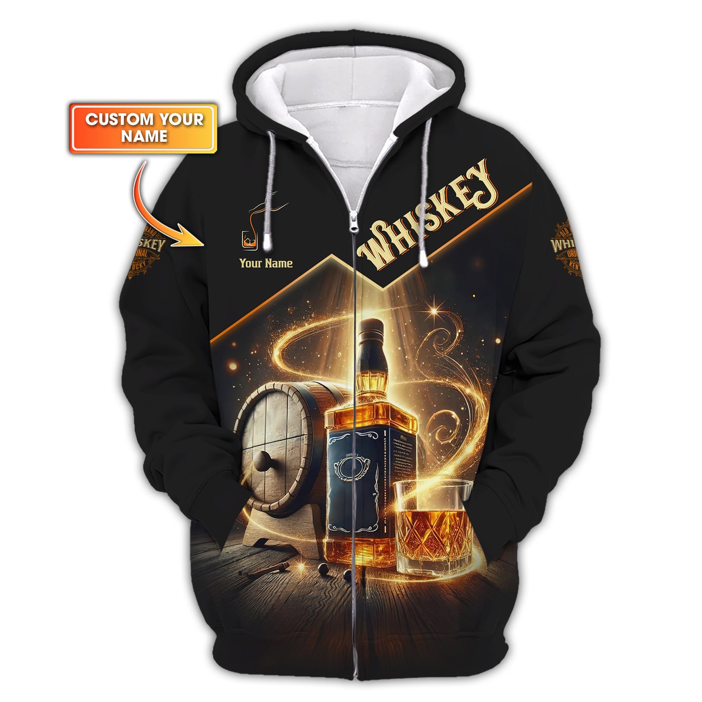 3D Full Print Whiskey With Barrel Zipper Hoodie Personalized Name Gift For Wine Lovers