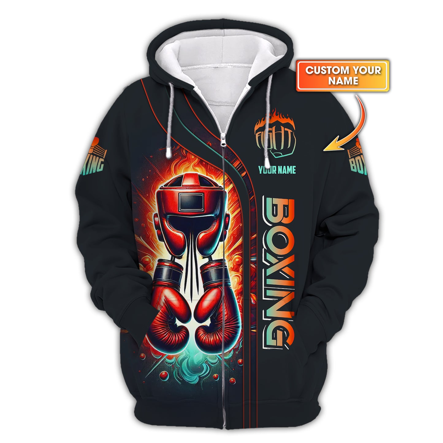 Sudadera con capucha y cremallera con guantes de boxeo rojos y casco con impresión 3D completa, regalo con nombre personalizado para amantes de los boxeadores