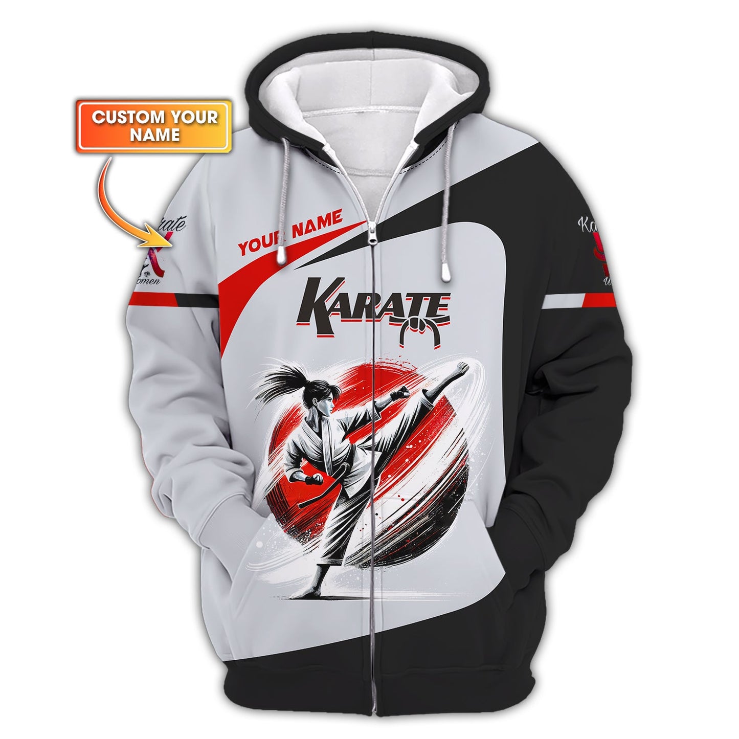 T-shirt de karaté pour femme avec nom personnalisé, sweat à capuche zippé 3D pour karaté, cadeau personnalisé pour les amateurs de karaté