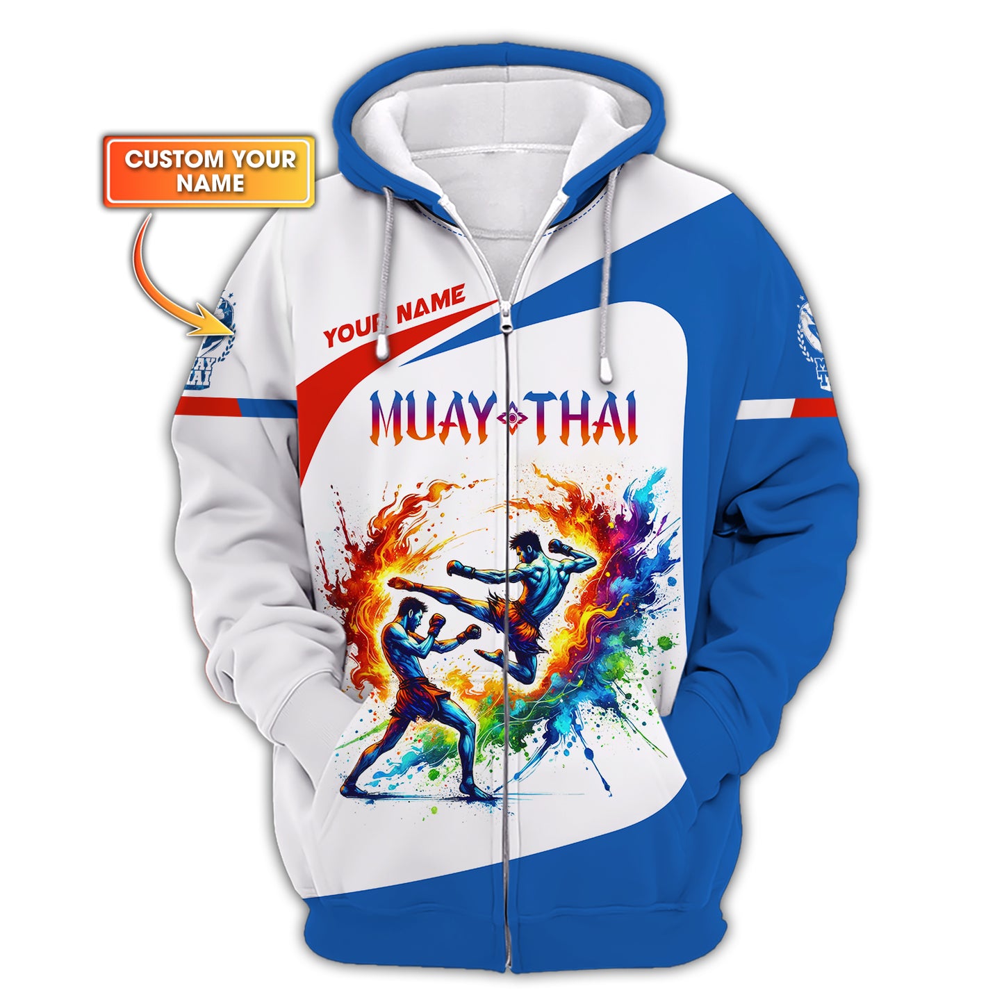 Sweat à capuche zippé avec nom personnalisé The Explosion Of Muay Thai Power Cadeau personnalisé avec nom pour les amateurs de Muay Thai