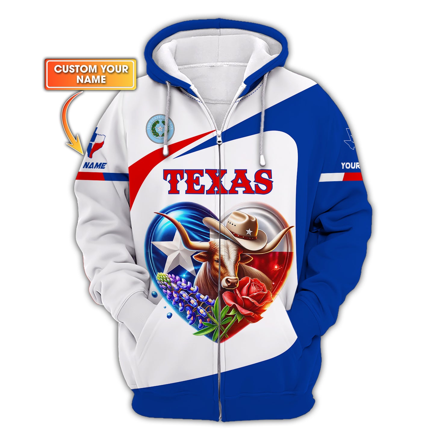 3D Full Print Texas Heart 3D Zipper Hoodie Personalized Name Gift For Texas Lovers