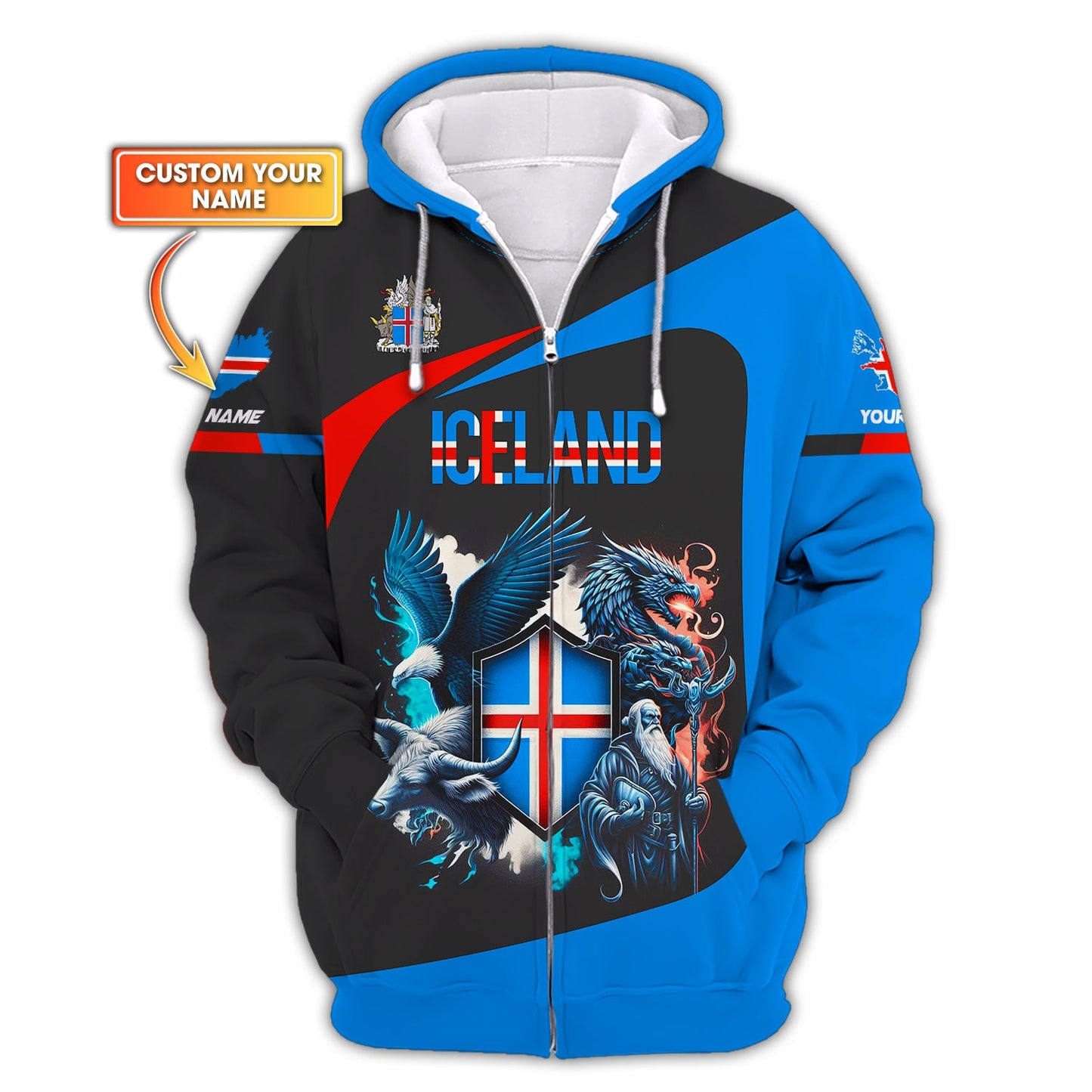 Sudadera con capucha y cremallera personalizada con el escudo de armas de Islandia para amantes de Islandia