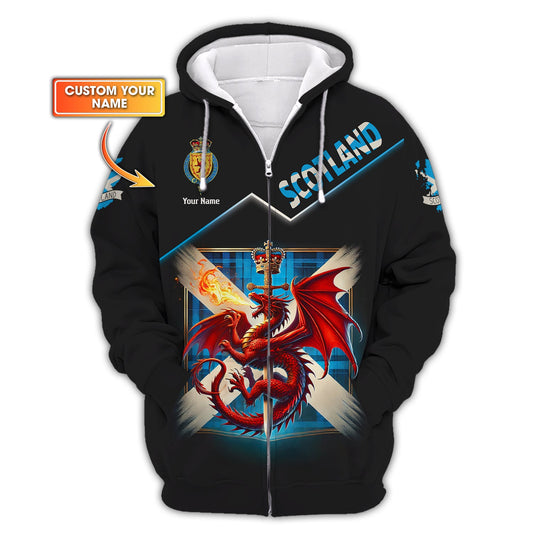 3D Full Print Dragon With Scotland Flag Zipper Hoodie Personalized Name Gift For Scotland Lovers