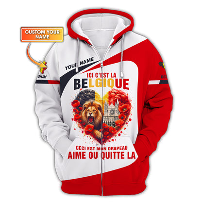 Sweat à capuche zippé en forme de cœur belge avec impression 3D complète, cadeau personnalisé avec nom pour les amoureux belges