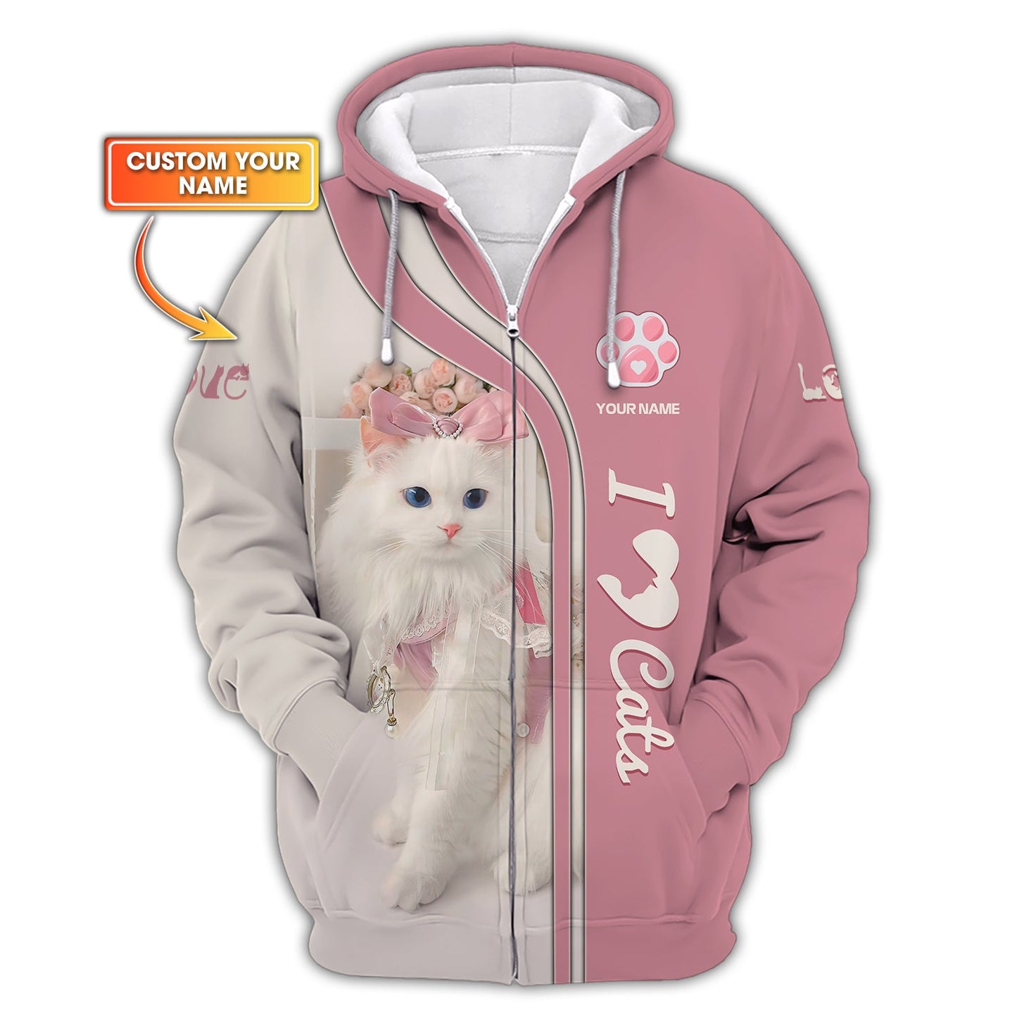 Sudadera con capucha y cremallera con estampado 3D completo de gato lindo, regalo con nombre personalizado para amantes de los gatos