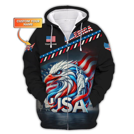 Sudadera con capucha y cremallera unisex americana con nombre personalizado Camisetas con águila americana Camiseta para amantes de Estados Unidos