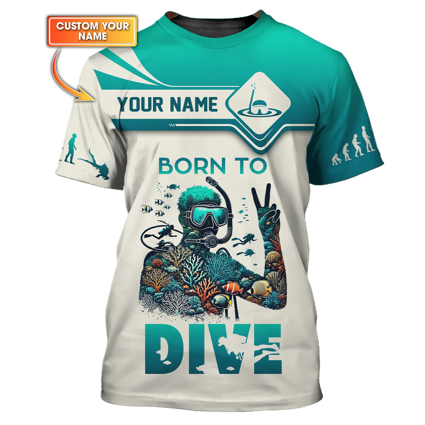 Camiseta personalizada con nombre de buceo en 3D Born To Dive, regalo personalizado para amantes del buceo