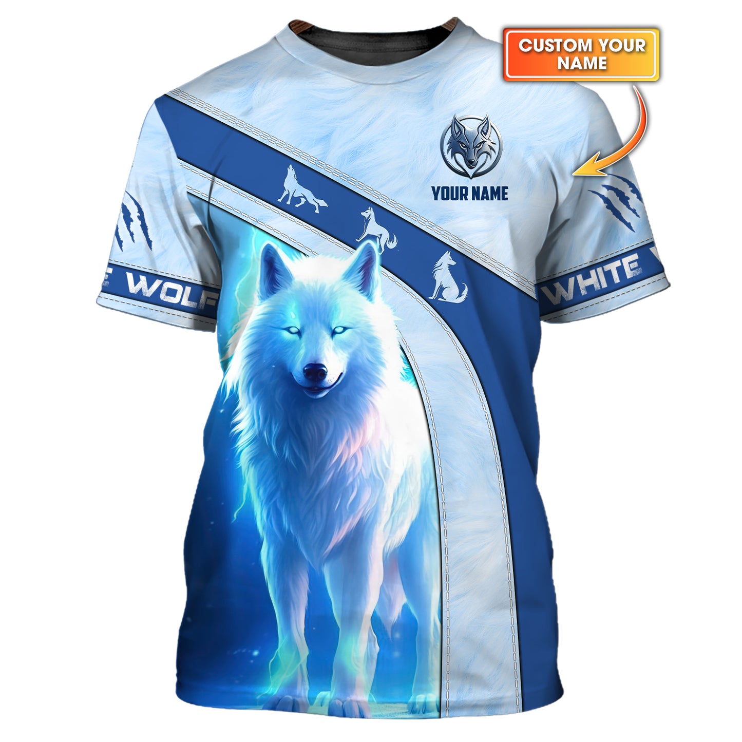 Camiseta personalizada con nombre en 3D de The Mighty White Wolf, regalo para amantes de los lobos