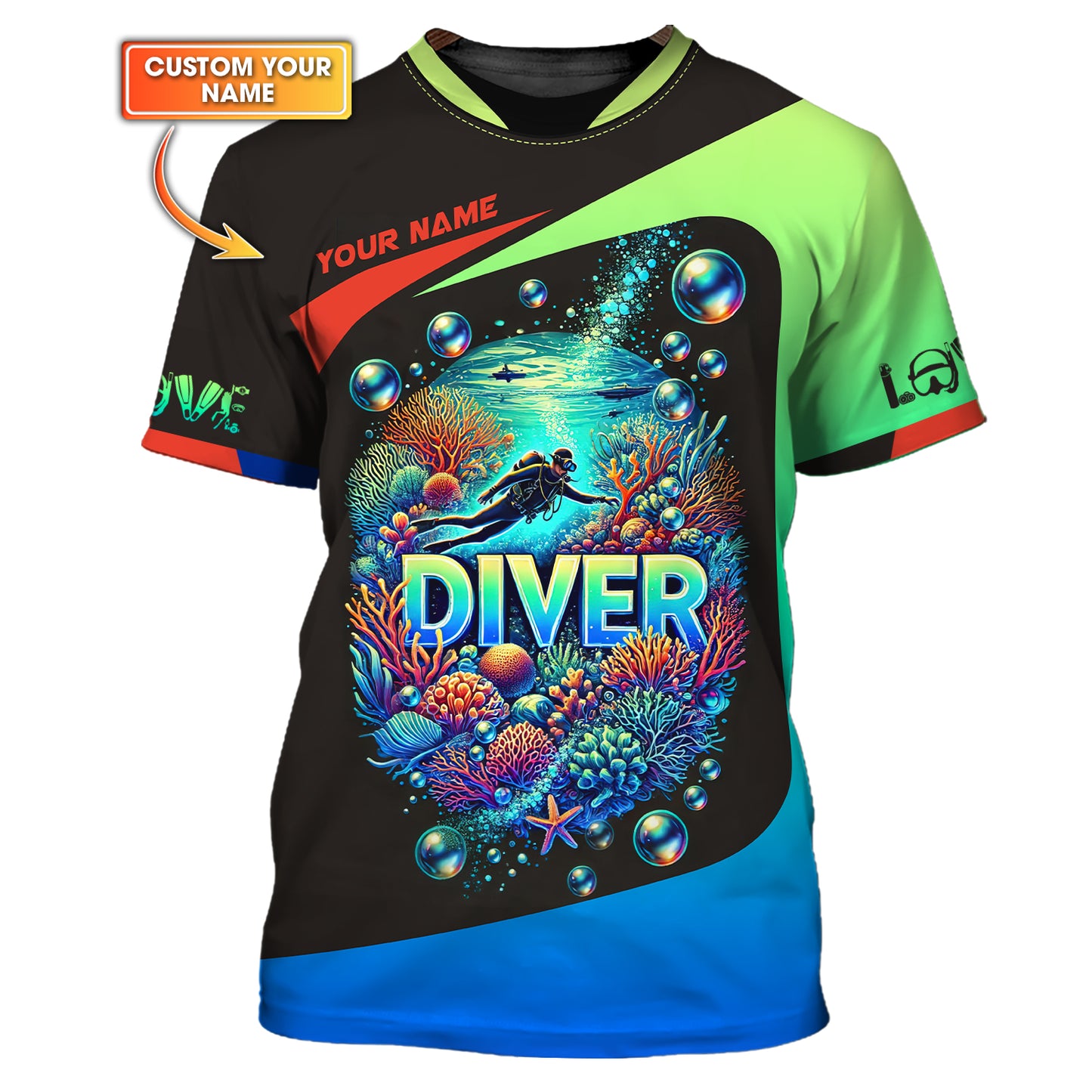 Camiseta personalizada con nombre de buceo en 3D Buceo en el océano Regalo personalizado para amantes del buceo