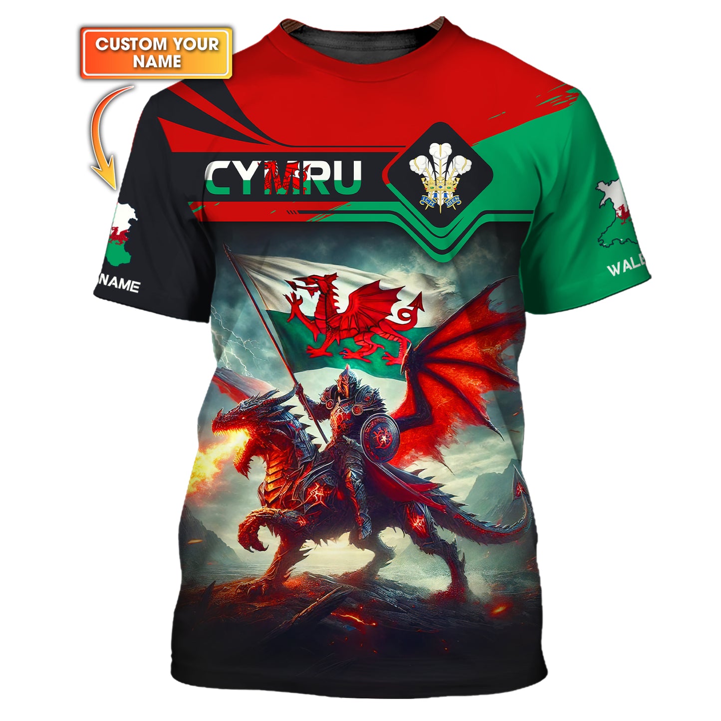 Chevalier avec dragon Pays de Galles Nom personnalisé T-shirt 3D Cadeau personnalisé pour les amoureux de CYMRU