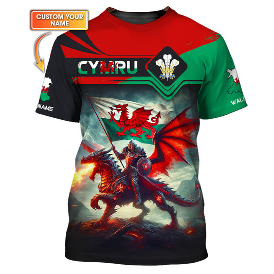 Camiseta personalizada con nombre en 3D de caballero con dragón de Gales, regalo personalizado para amantes de CYMRU