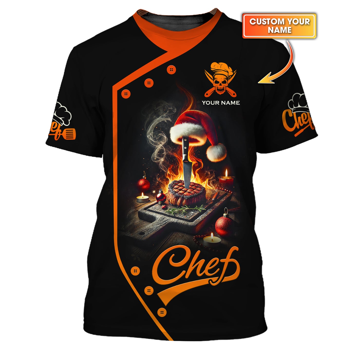 3D Full Print Christmas Chef Flame Shirt Personalized Name Gift For Chef Lovers