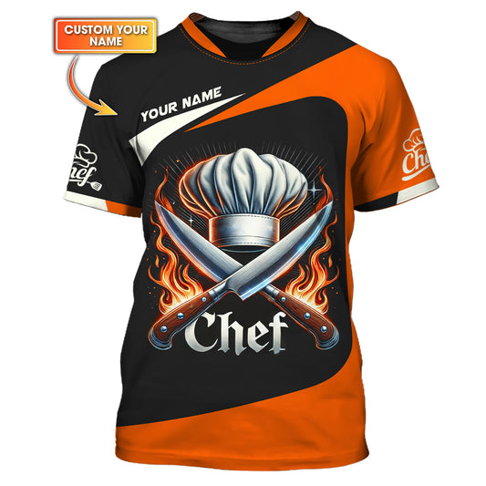 Camisa con cuchillos de chef en llamas con impresión 3D completa, regalo personalizado con nombre para amantes de los chefs