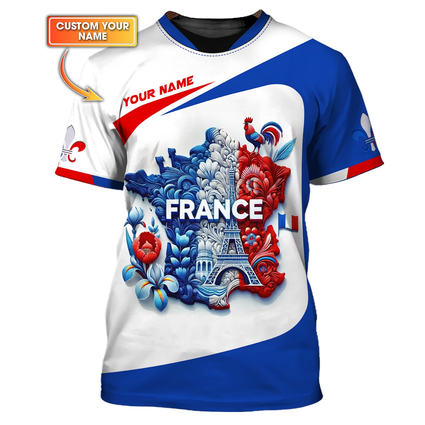 T-shirt personnalisé avec nom national de la France en 3D, cadeau personnalisé avec nom pour les amoureux de la France