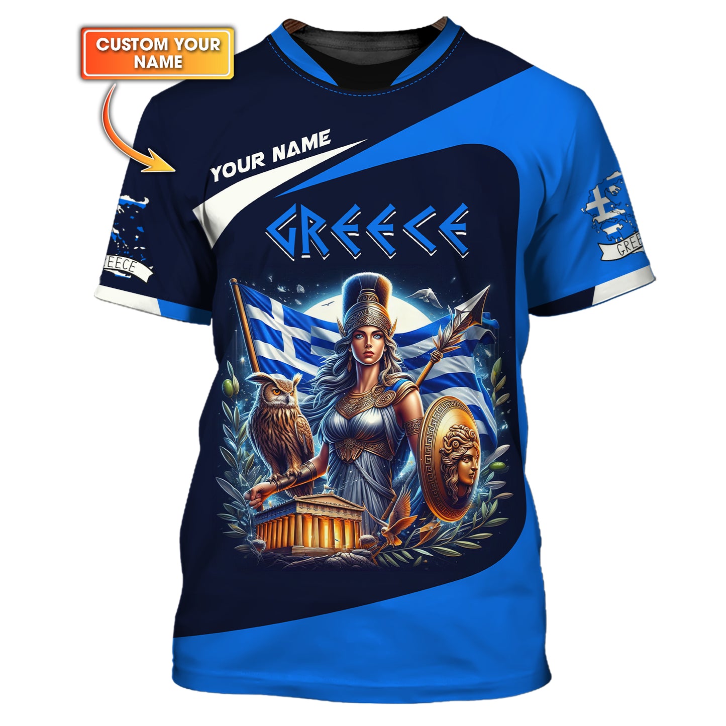 3D Full Print Athena With Owl Of Greece Shirts Personalized Name Gift For Greek Lovers