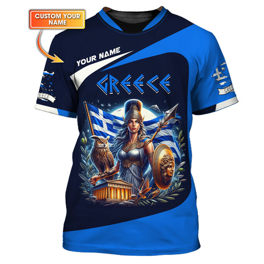 Camisetas con estampado 3D completo de Atenea con búho de Grecia, regalo con nombre personalizado para amantes griegos