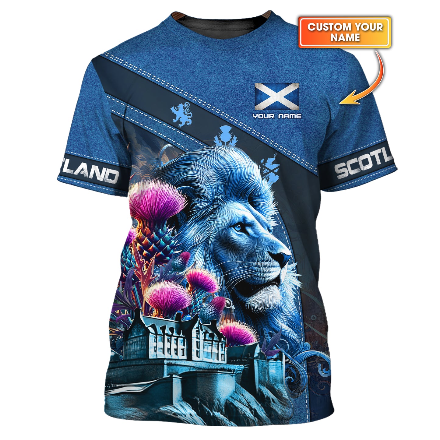 Camiseta personalizada con nombre en 3D de El león con cardo de Escocia, regalo personalizado para amantes de Escocia