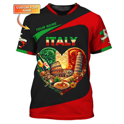 T-shirt personnalisé avec nom en 3D en forme de cœur d'Italie, cadeau personnalisé pour les amoureux de l'Italie