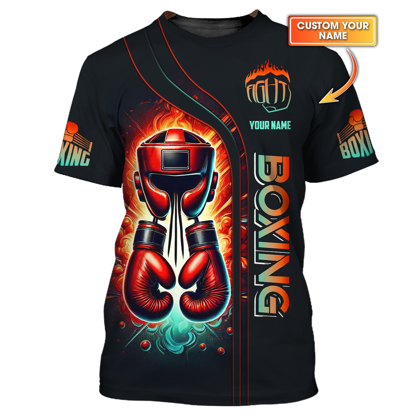 Camiseta con casco y guantes de boxeo rojos con impresión 3D completa, regalo personalizado con nombre para amantes de los boxeadores