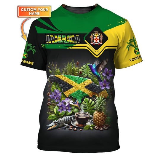 Custom 3D Printed Jamaica Pride T-Shirt with Tropical Nature, Hummingbird and Flag Design Personalized Name Gift for Jamaica Lovers