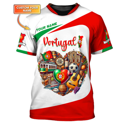 T-shirt personnalisé avec nom en forme de cœur du Portugal en 3D, cadeau personnalisé pour les amoureux du Portugal