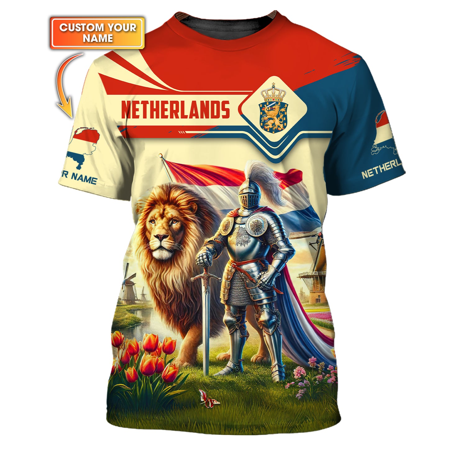 Chevalier des Pays-Bas avec Lion Nom Personnalisé T-shirt 3D Cadeau Personnalisé Pour Les Amoureux Des Pays-Bas