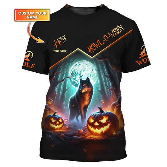 T-shirts personnalisés pour Halloween avec nom Le loup avec citrouille 3D Cadeau pour les amoureux d'Halloween