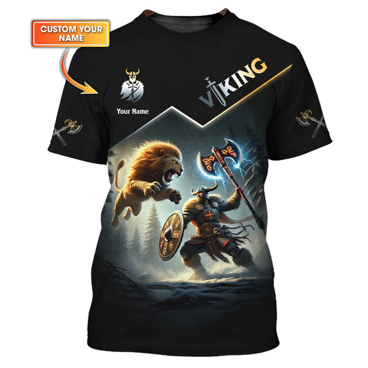 Custom Viking Warrior T-Shirt Epic Battle With Lion Personalized Name Gift For Viking Lovers