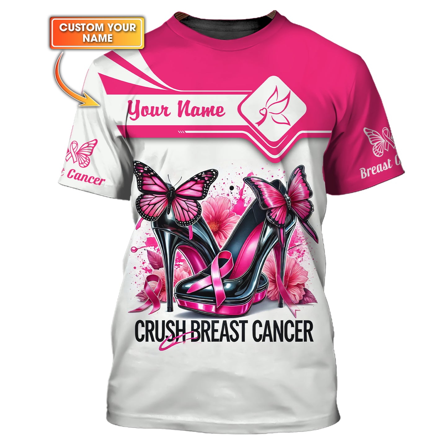 Camisetas con estampado 3D completo de cáncer de mama, regalo personalizado con nombre para sobrevivientes de cáncer