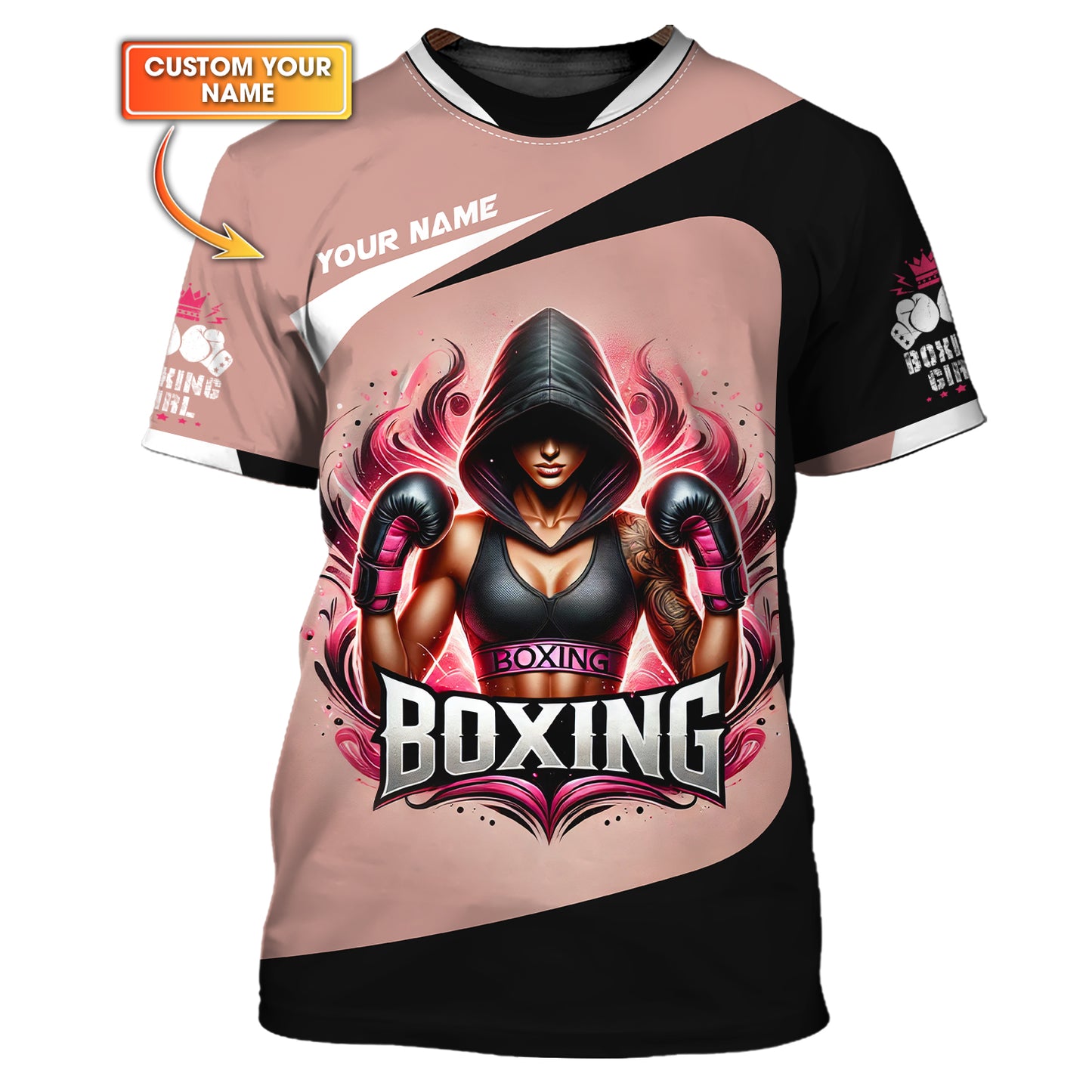 T-shirt personnalisé avec nom de femme boxeuse en 3D, cadeau personnalisé pour les amateurs de boxe