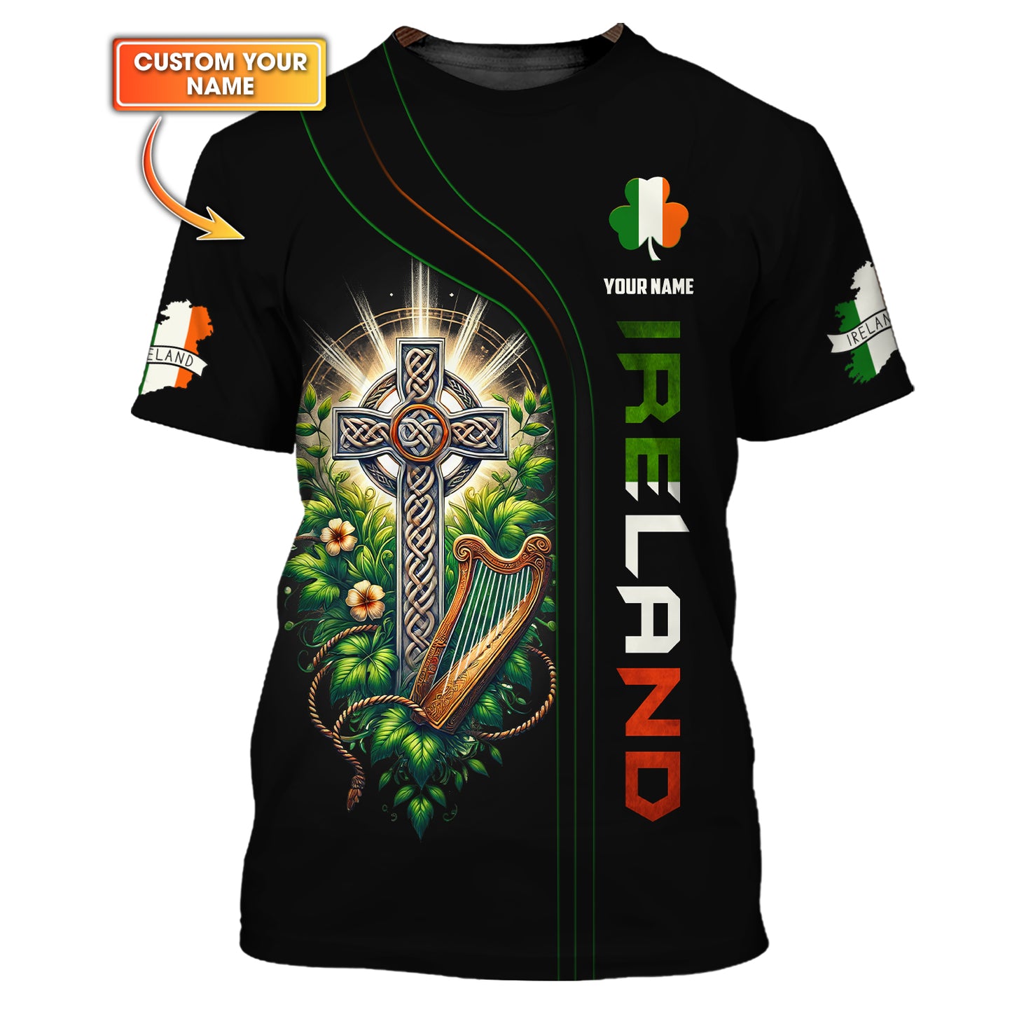 T-shirts personnalisés avec croix celtique Irlande T-shirt 3D Cadeau pour les amoureux irlandais