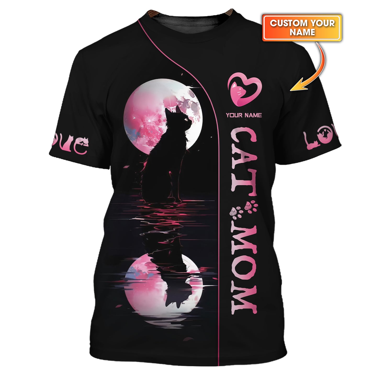 Chat noir dans un pot de fleurs de cerisier Nom personnalisé Chat Maman T-shirt 3D Cadeau pour les amoureux des chats