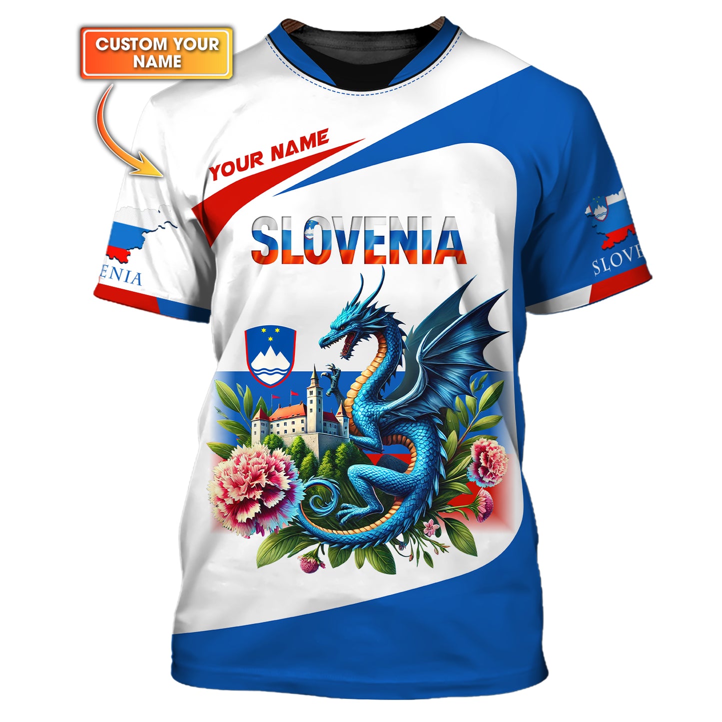 3D Full Print Dragon With Carnations Of Slovenia Shirt Personalized Name Gift For Slovenian Lovers