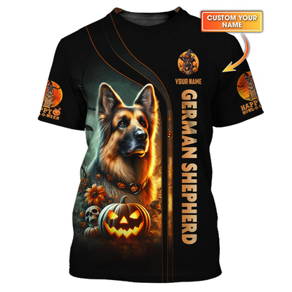 Happy Halloween Custom Name 3D T-Shirts German Shepherd With Pumpkin Halloween Shirt