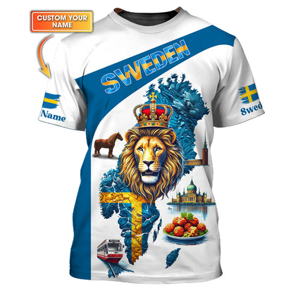 Camiseta personalizada con el nombre del Rey León y el mapa de Suecia con impresión 3D completa, regalo para amantes suecos