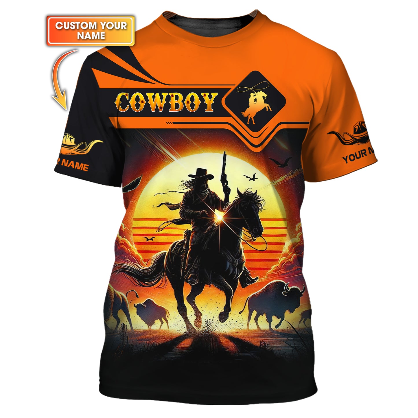 Camisetas con estampado 3D completo de vaquero con búfalo, regalo con nombre personalizado para amantes de los vaqueros