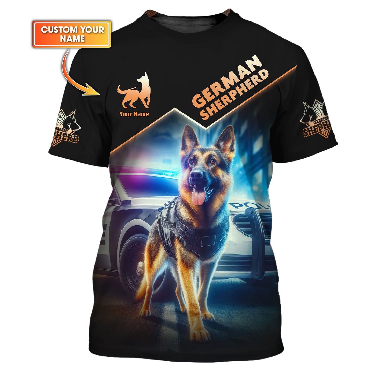 Camiseta con nombre personalizado de pastor alemán Camiseta con nombre personalizado de pastor alemán con coche de policía Camisetas 3D Regalo para amantes de los perros