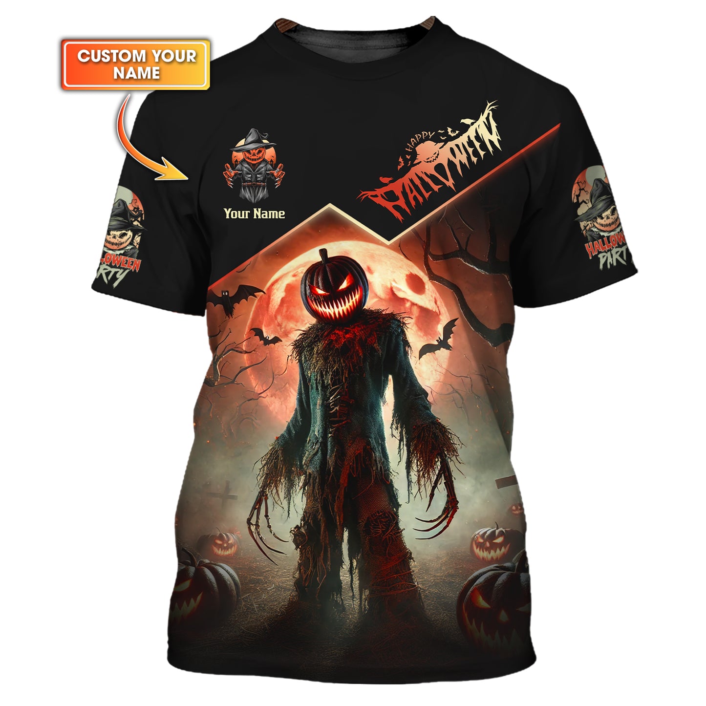 Camisetas de Halloween con estampado completo en 3D de calabaza y luna roja, regalo personalizado con nombre para amantes de Halloween