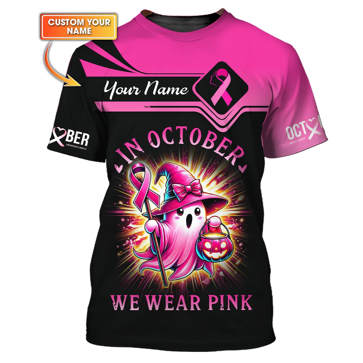 Impression 3D complète En octobre, nous portons des t-shirts roses Cadeau personnalisé avec nom pour survivant du cancer