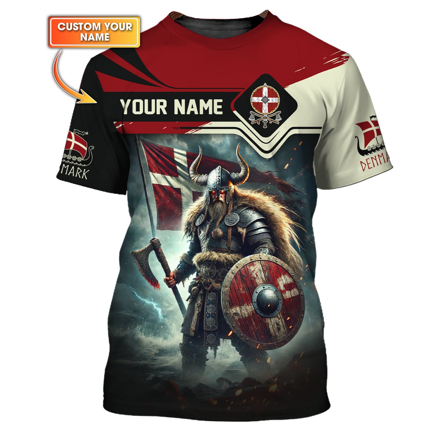 3D Full Print Mighty Viking Warrior Of Denmark T-Shirt Personalized Name Gift For Denmark Lovers