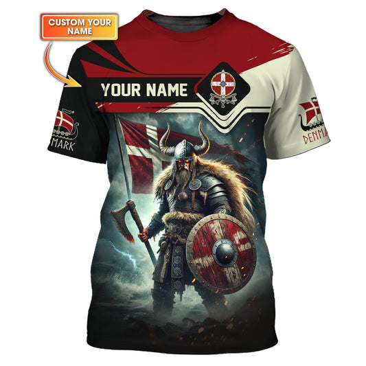 3D Full Print Mighty Viking Warrior Of Denmark T-Shirt Personalized Name Gift For Denmark Lovers