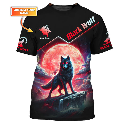 T-shirt imprimé 3D avec loup noir et lune rouge, cadeau personnalisé pour les amoureux des loups