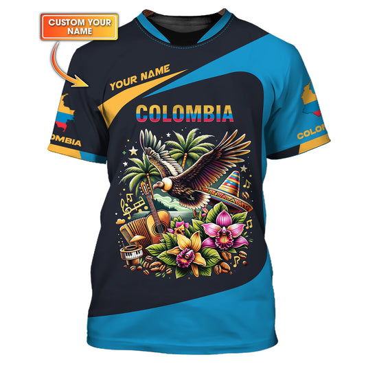 T-shirt 3D personnalisé avec nom de Colombie Cadeau personnalisé avec nom pour les amoureux de la Colombie