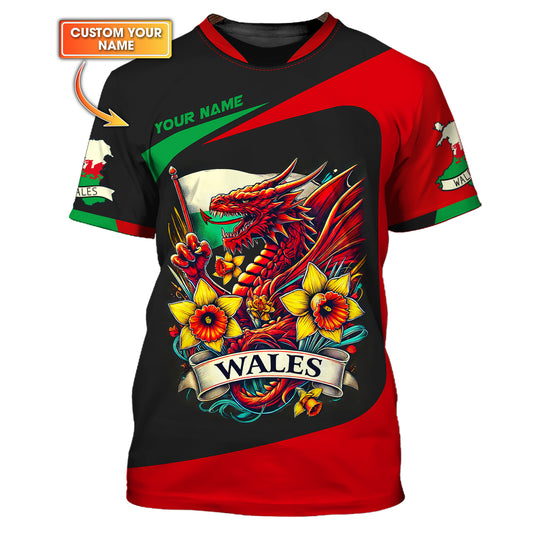 Camiseta personalizada con estampado completo y nombre de Gales Camiseta con dragón de Gales Regalo para amantes de Gales