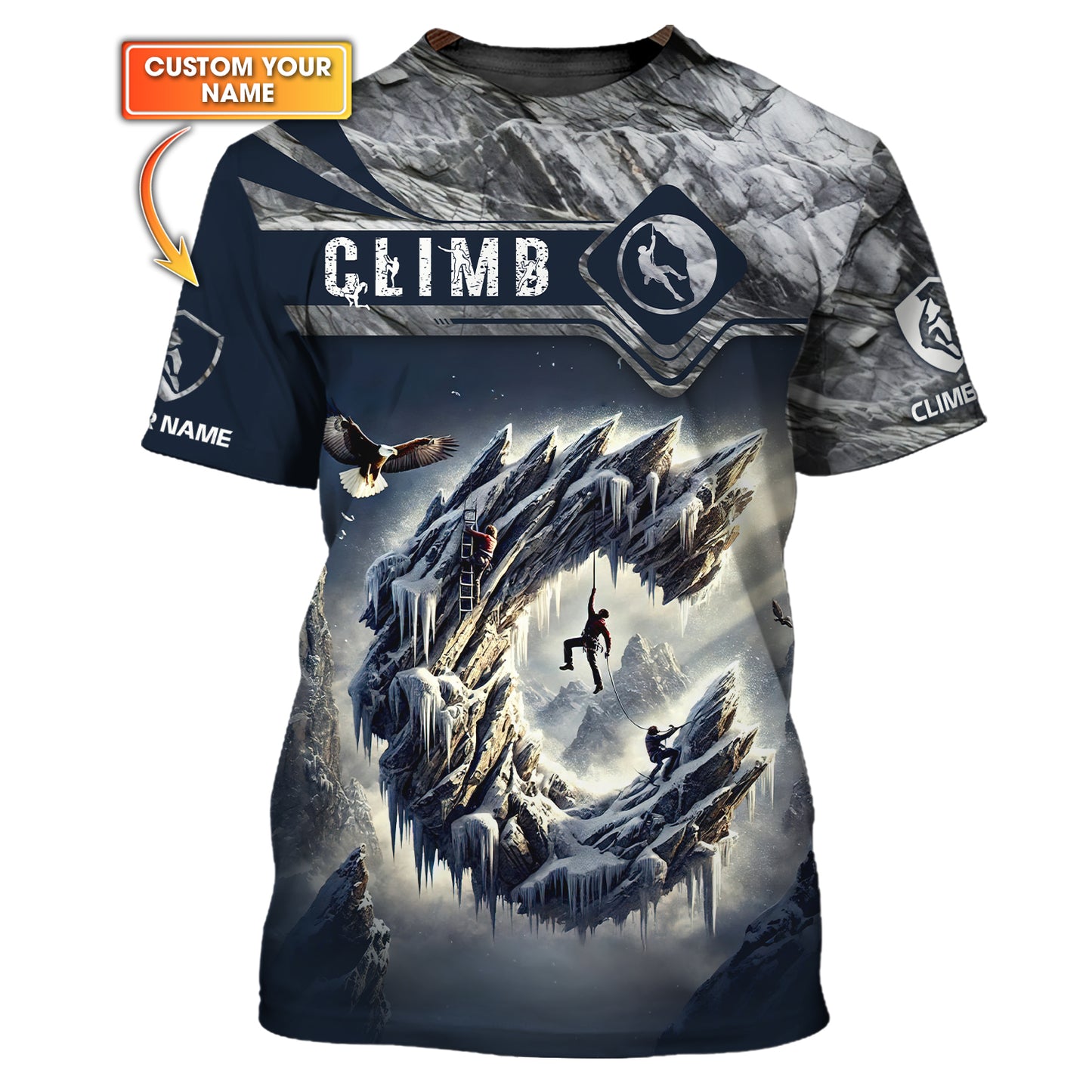 Camiseta personalizada con nombre en 3D "Climb The Ice Mountain" Regalo personalizado para amantes de la escalada