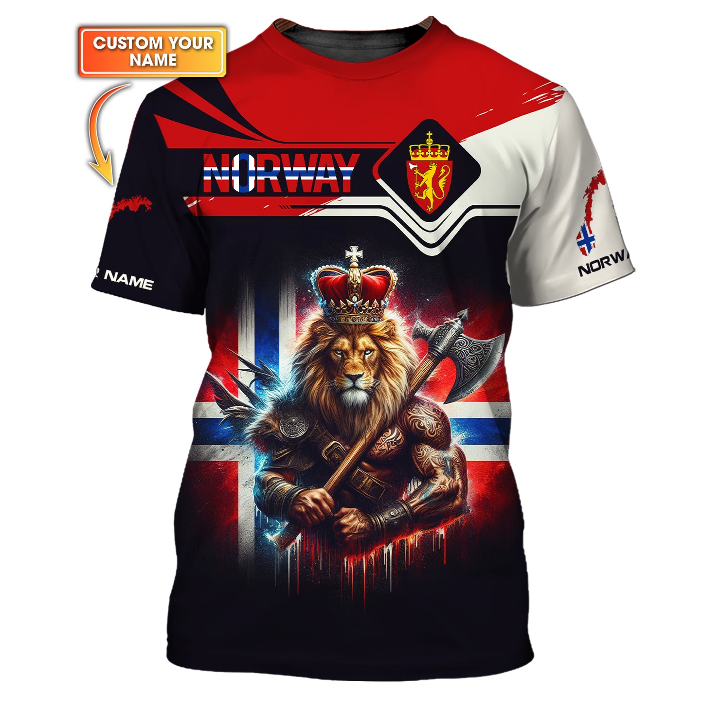 T-shirt 3D personnalisé avec nom Lion Knight Norway, cadeau personnalisé pour les amoureux de la Norvège