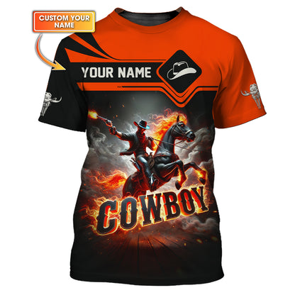 3D Full Print Cowboy T-Shirt Epic Flaming Rider Personalized Name Gift For Cowboy Lovers