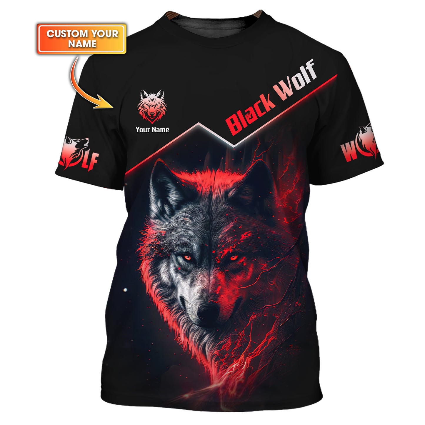 Camiseta personalizada con nombre en 3D de lobo negro con ojos rojos, regalo para amantes de los lobos