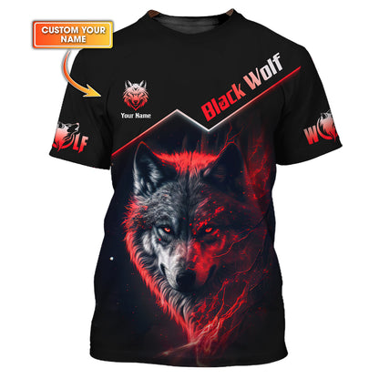 T-shirt 3D personnalisé avec nom de loup noir aux yeux rouges, cadeau pour les amoureux des loups