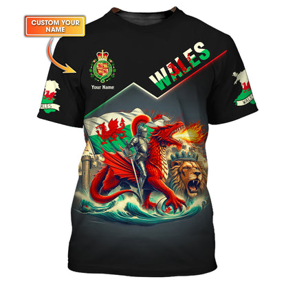 T-shirt 3D Full Print Proud Wales Cadeau personnalisé avec nom pour les amoureux du Pays de Galles